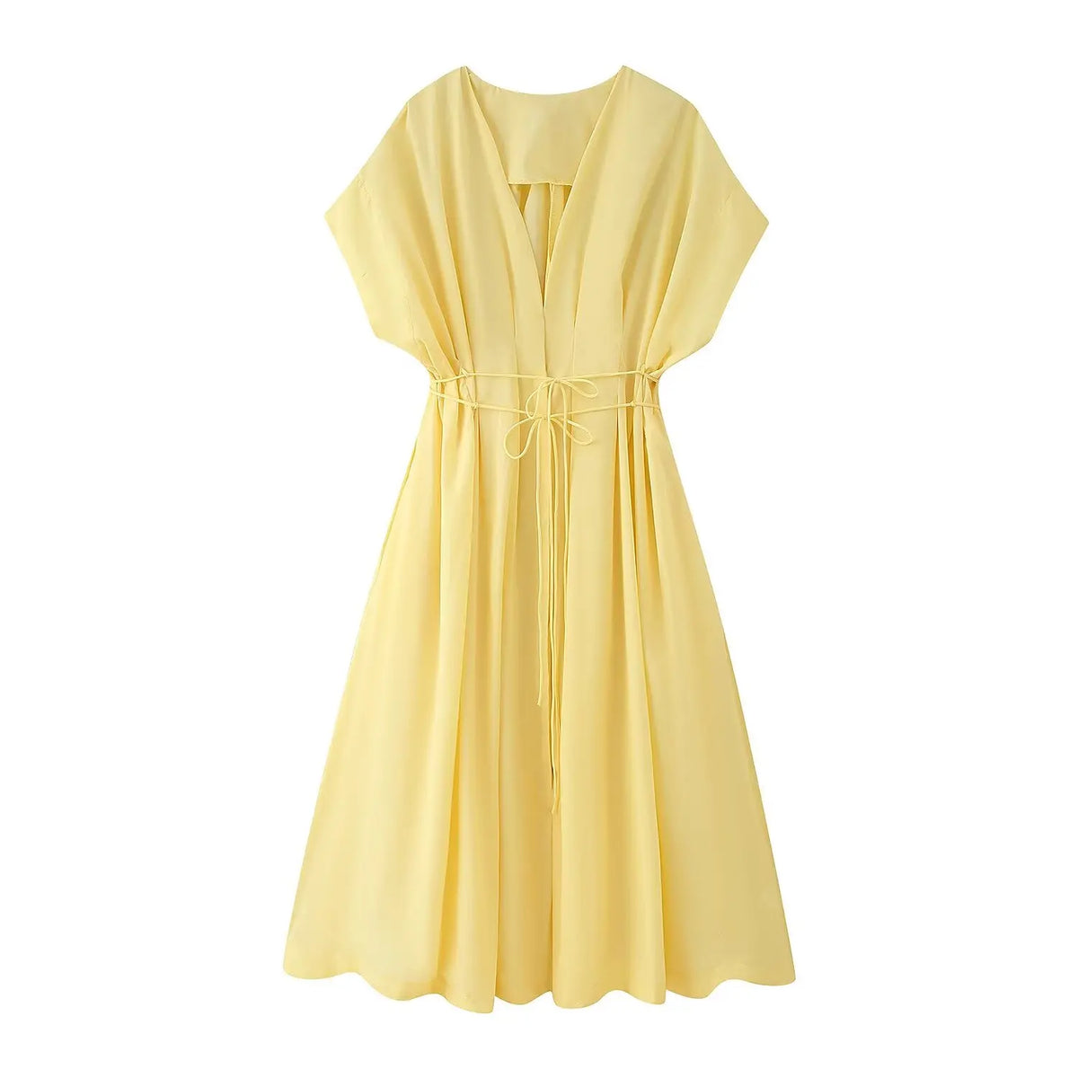 Women's Midi Dress with V-Neck and Tie Waist - Yellow