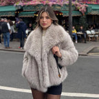 Women's Faux Fur Coat with Wide Collar - 2