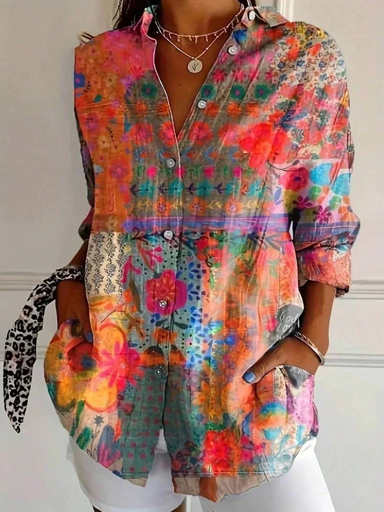 Women's Blouse Long Sleeve with V-Neck and Floral Print - Orange