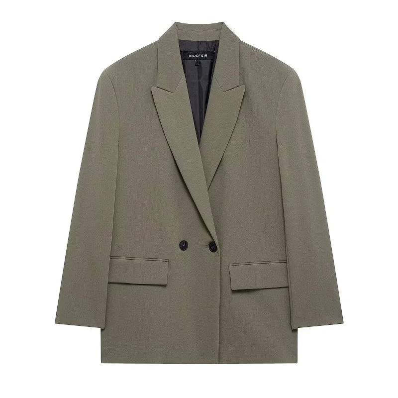 Women's Structured Blazer with Notched Lapel and Double Button - Green