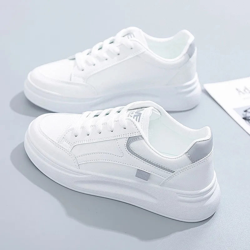Women's Lace-Up Sneakers with Chunky Sole and Contrast Panel - White Grey