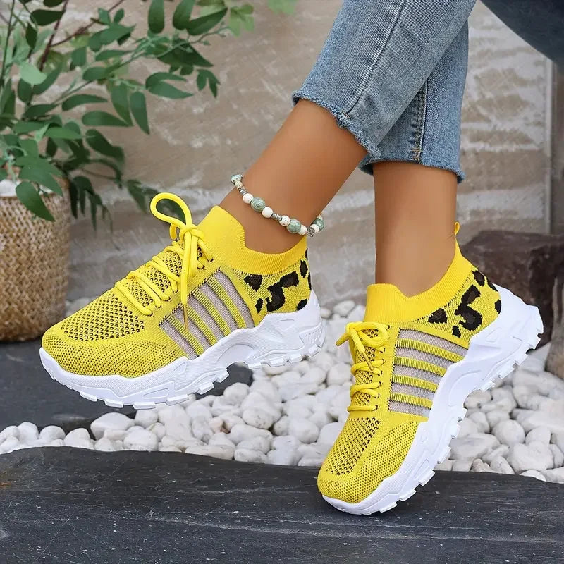 Women's Sneakers with Animal Print Panel and Lace-Up Front - Yellow