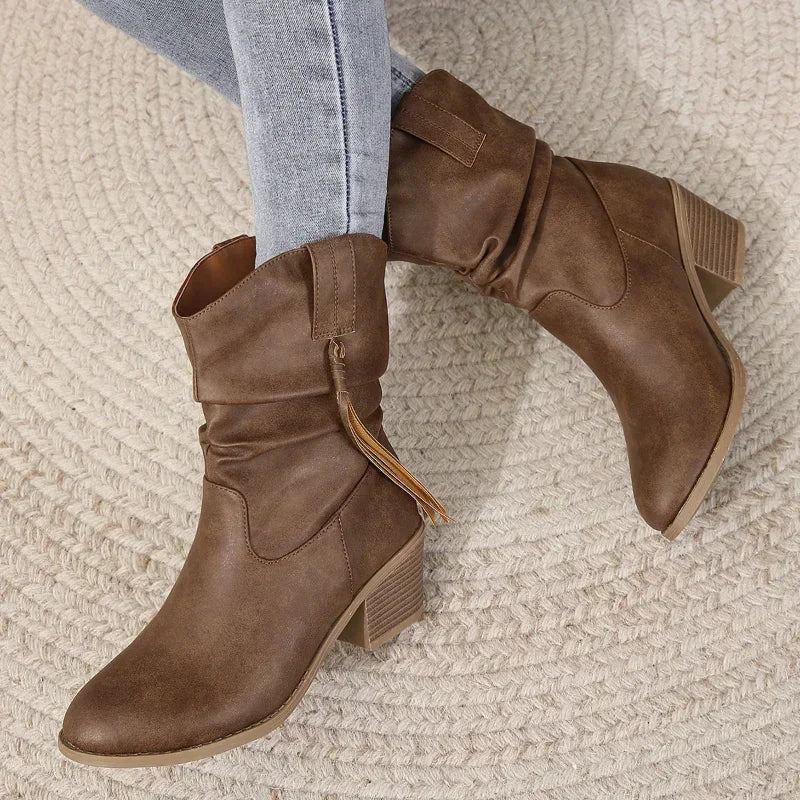 Women's Western Ankle Boots with Braided Tassel Strap and Block Heel - Dark Brown B