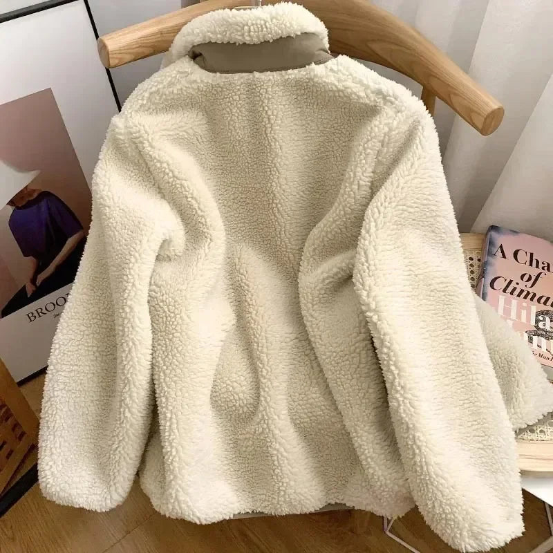 Women's Teddy Coat with High Collar and Zip Pocket - 7
