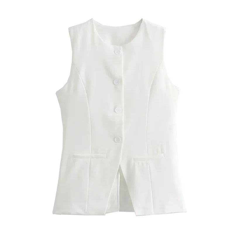 Women's Tailored Waistcoat Sleeveless with Button Front and Welt Pockets - White
