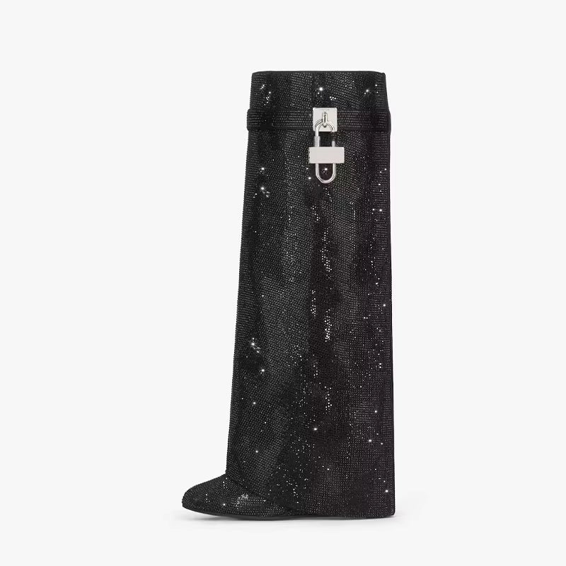 Women's Sparkly Wedge Boots with Crystal-Look Embellishment - Black