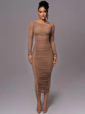 Women's Bodycon Midi Dress with One-Shoulder Ruched Design - Brown