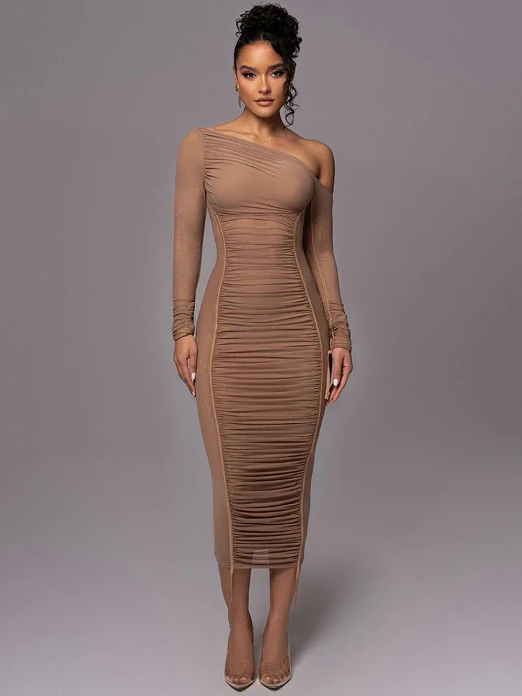 Women's Bodycon Midi Dress with One-Shoulder Ruched Design - Brown