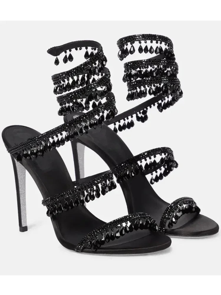 Women's Heeled Sandals with Wraparound Ankle Strap and Diamante Detail - 4