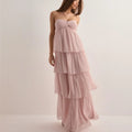Women's Strapless Maxi Dress with Tiered Skirt and Bow Detail - Light Pink