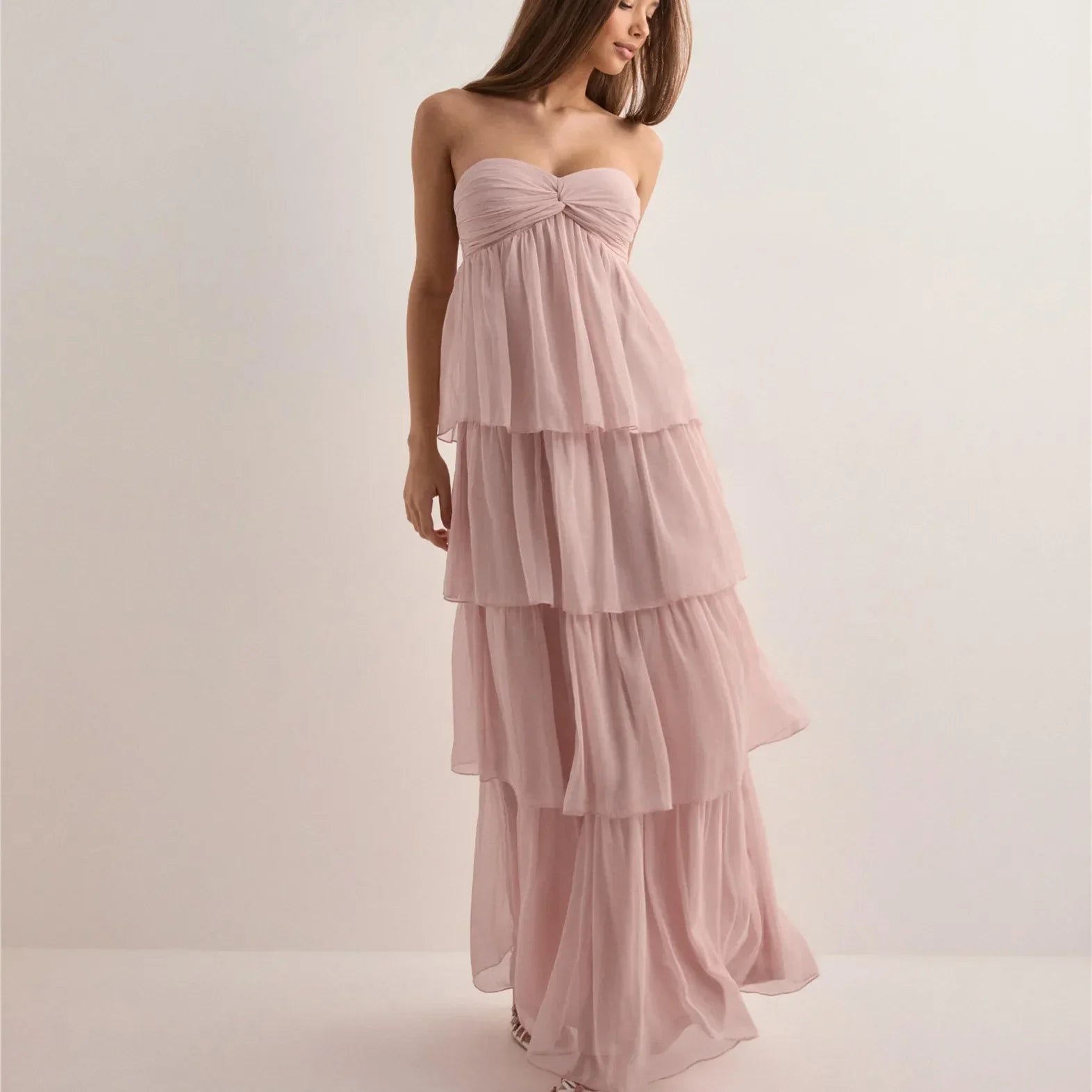 Women's Strapless Maxi Dress with Tiered Skirt and Bow Detail - Light Pink