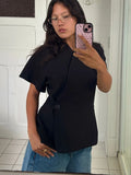 Women's Blazer Jacket Cinched Waist with Short Sleeves and Notch Collar - Black