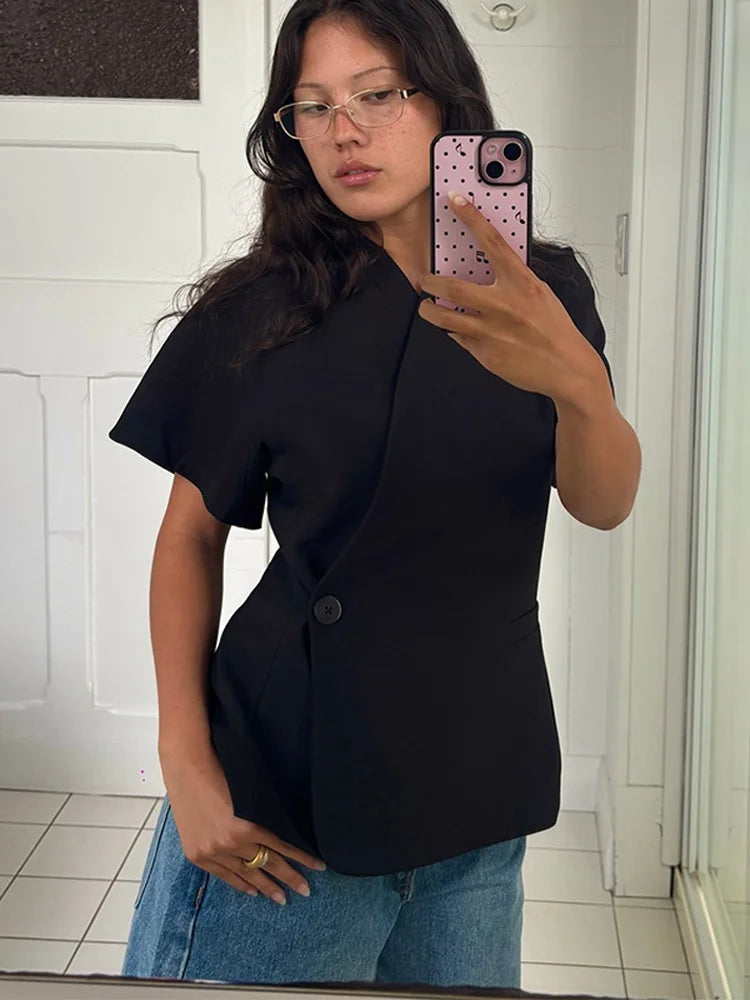 Women's Blazer Jacket Cinched Waist with Short Sleeves and Notch Collar - Black