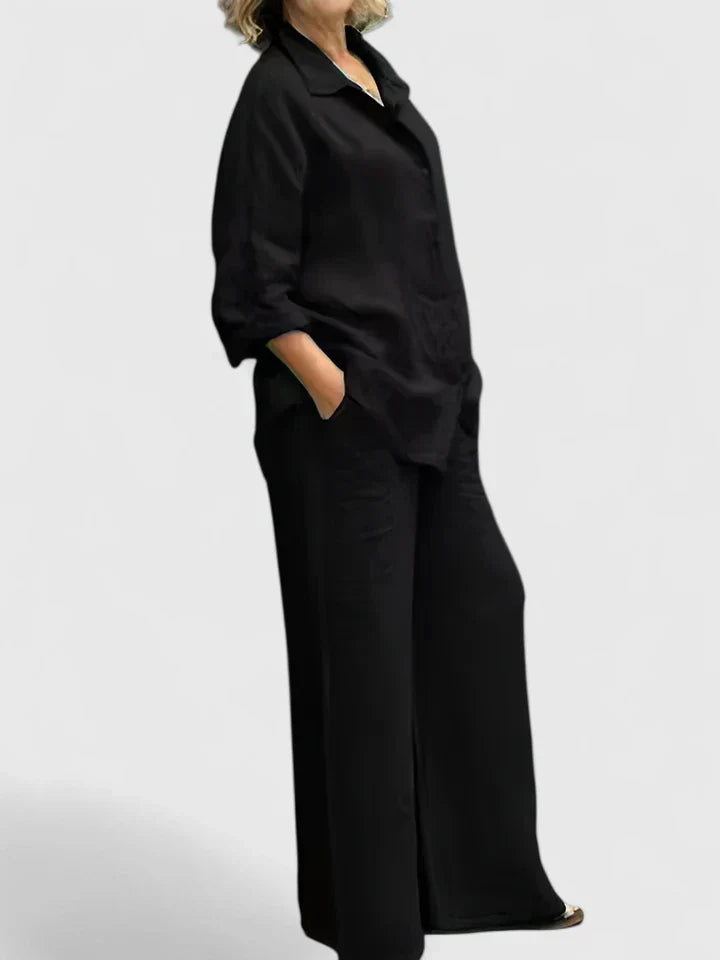 Women's Two-Piece Set Long Sleeve Shirt with Wide-Leg Trousers - Black
