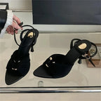 Women's Pleated Buckle Heeled Sandals with Ankle Strap - Black