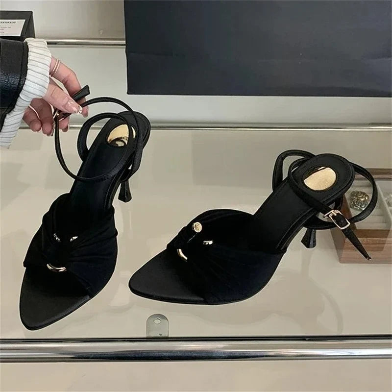 Women's Pleated Buckle Heeled Sandals with Ankle Strap - Black