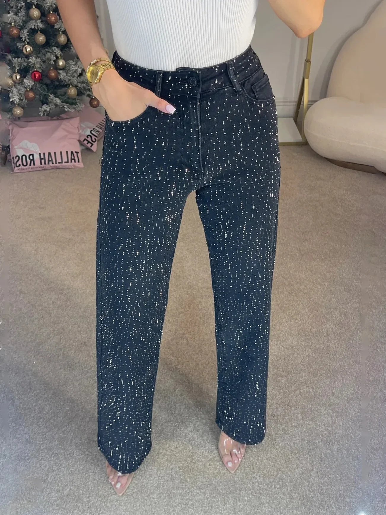 Women's High-Waist Straight-Leg Jeans with Diamante Detailing - Black