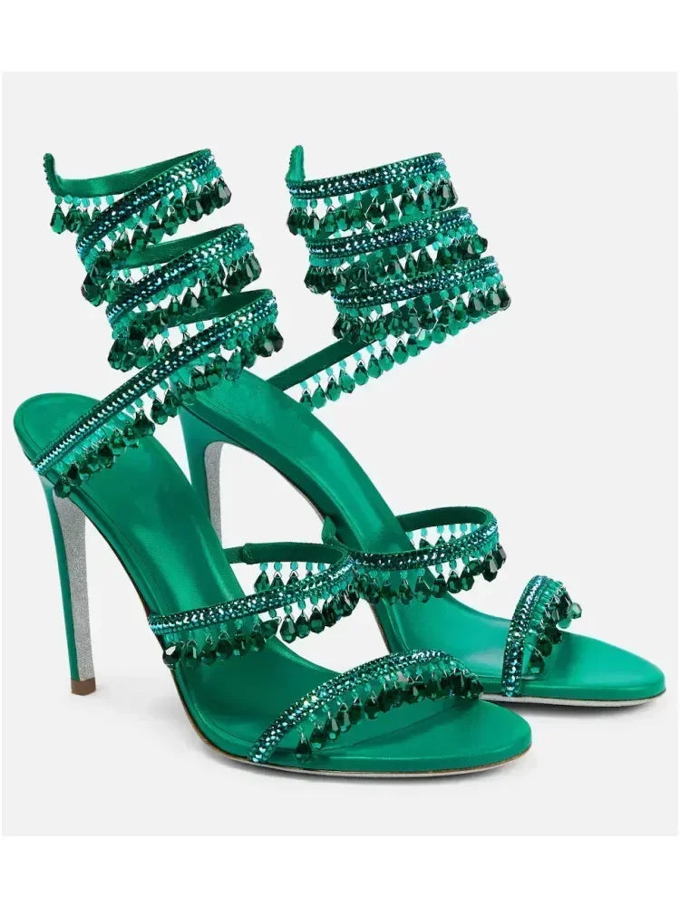 Women's Heeled Sandals with Wraparound Ankle Strap and Diamante Detail - 8