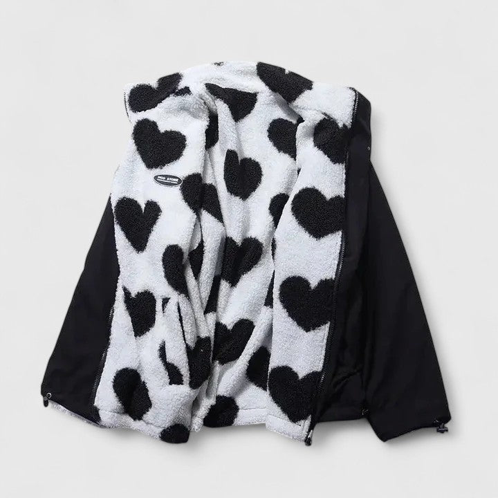 Women's Fleece Jacket with Heart Print and Stand Collar - 11