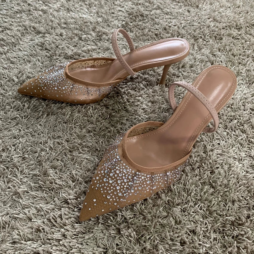 Women's Slingback Heels with Rhinestone Mesh Upper - 5