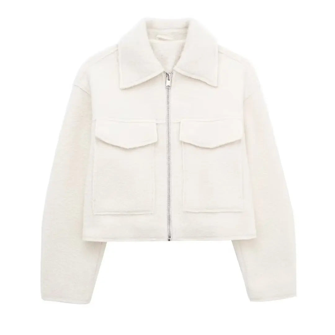 Women's Cropped Jacket with Lapel Collar and Zip Fastening - White