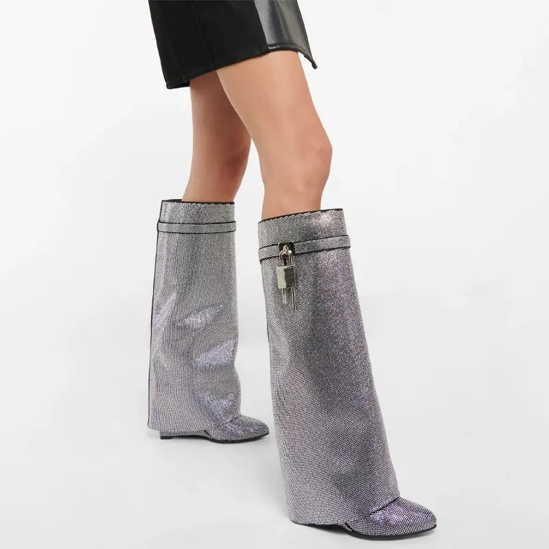 Women's Sparkly Wedge Boots with Crystal-Look Embellishment - 11