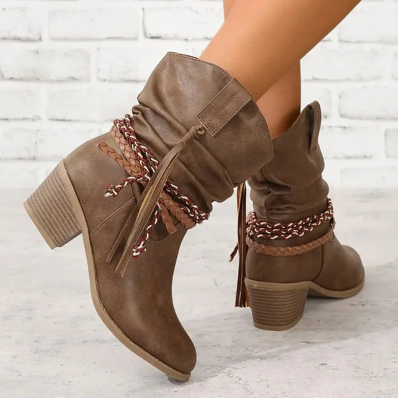 Women's Western Ankle Boots with Braided Tassel Strap and Block Heel - 3