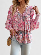 Women's Long Sleeve Blouse with Tie Neck and Floral Print - 3