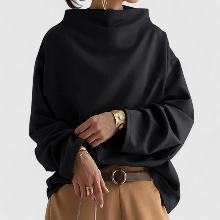 Women's Top High Neck Long Sleeve with Relaxed Silhouette - Black