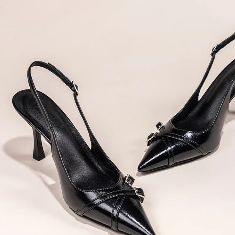 Women's Pointed Toe Slingback Court Shoes with Buckle Strap Heel - 6