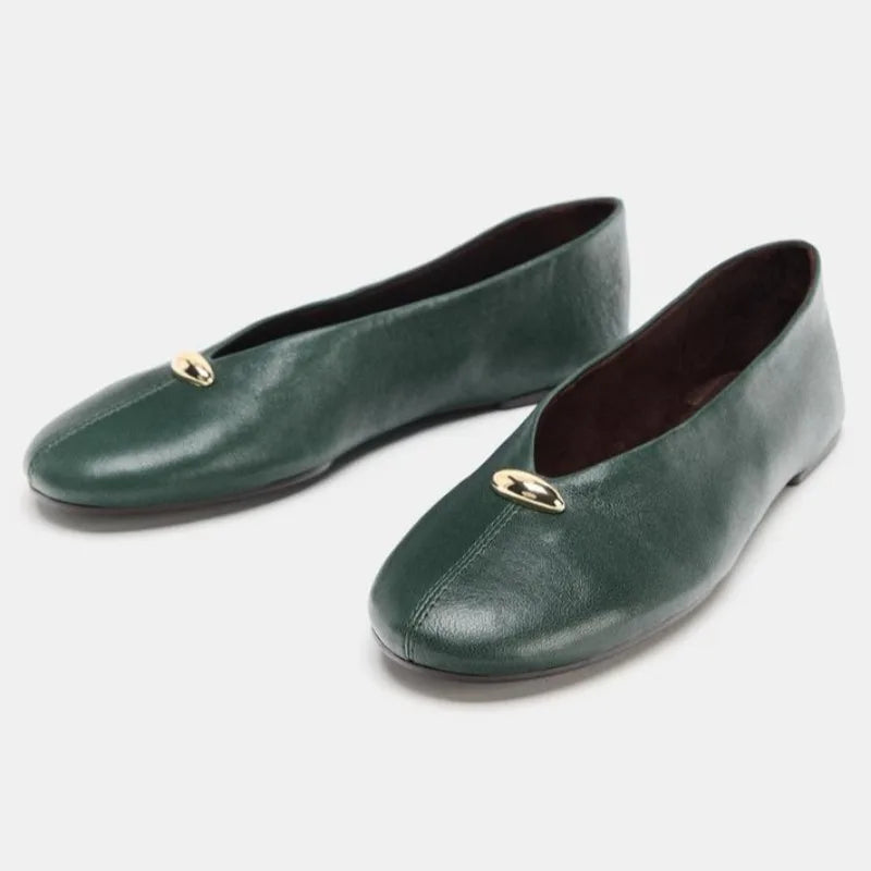 Women's Ballet Flats with Metal Buckle Detail - Green