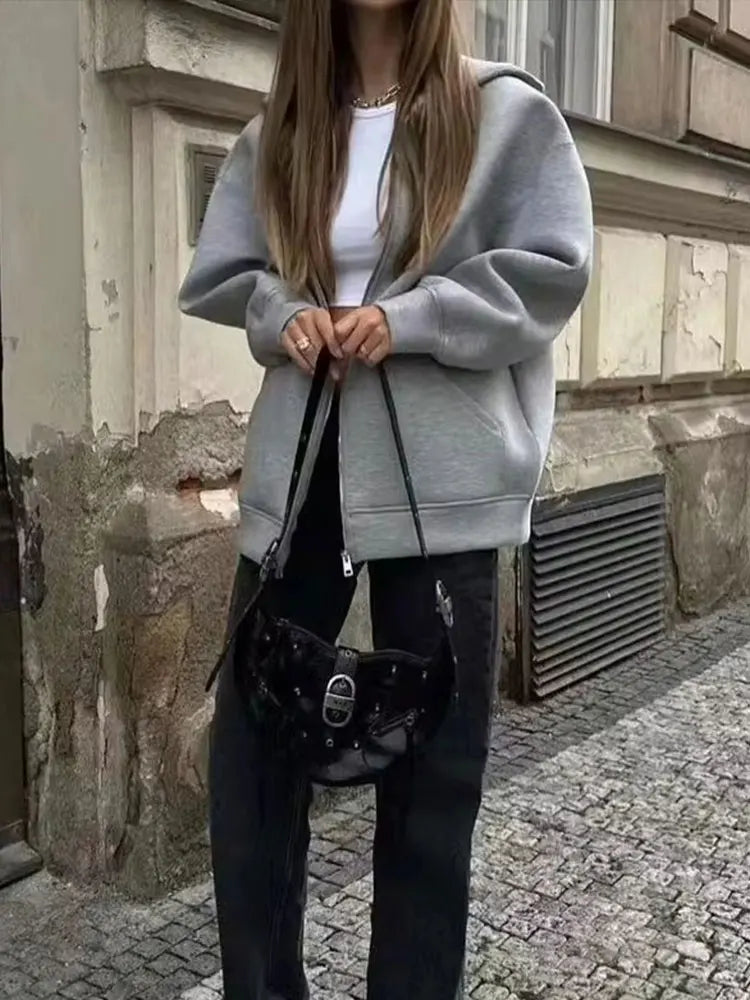 Women's Hooded Zip Jacket with Relaxed Fit and Drop Shoulders - 2