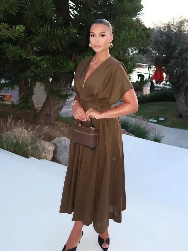 Women's Midi Dress with V-Neck and Tie Waist - 6