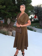 Women's Midi Dress with V-Neck and Tie Waist - 6
