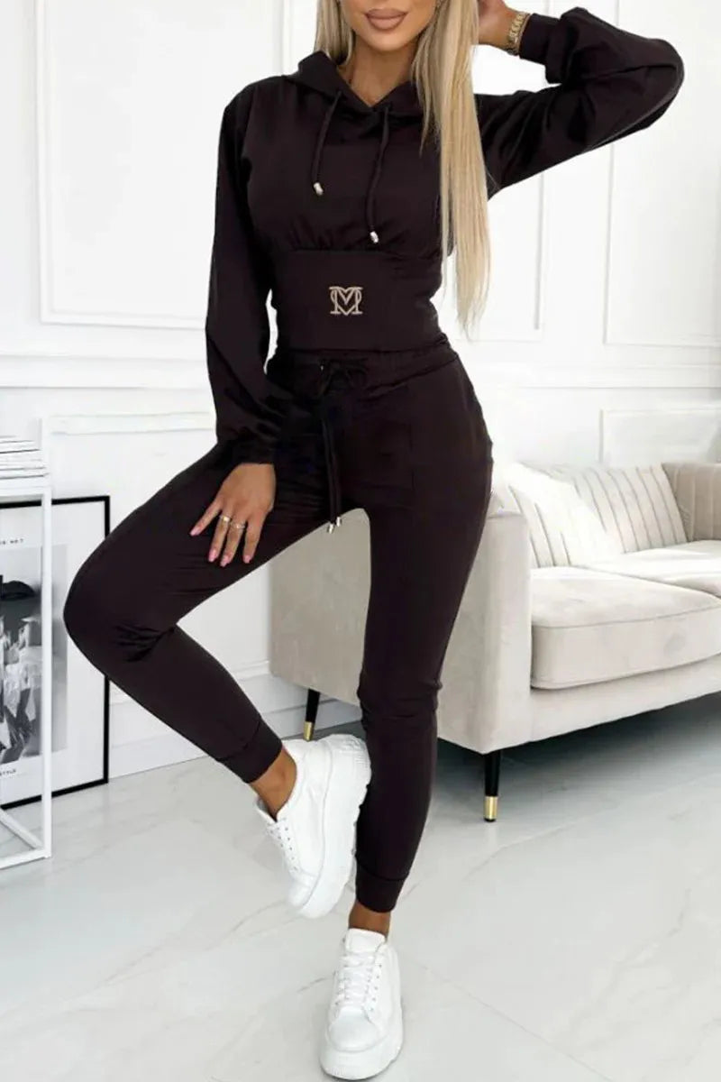 Women's Hooded Two-Piece Tracksuit with Cropped Top and Skinny Joggers - Coffee