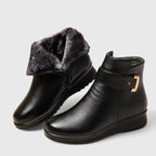 Women's Ankle Boots with Buckle Detail and Faux Fur Trim - Black Black