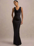 Women's Sleeveless Bodycon Maxi Dress with Cowl Neckline - Black