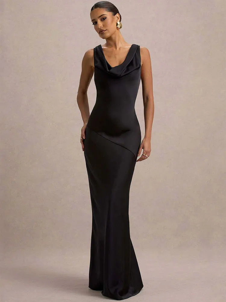 Women's Sleeveless Bodycon Maxi Dress with Cowl Neckline - Black