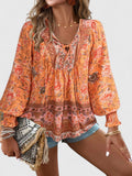 Women's Long Sleeve Blouse with Tie Neck and Floral Print - Orange