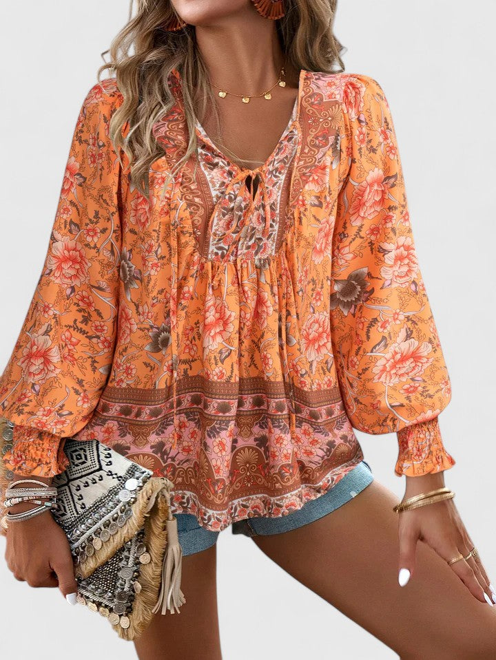 Women's Long Sleeve Blouse with Tie Neck and Floral Print - Orange