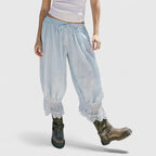 Women's Trousers with Lace Trim and Relaxed Fit - Grey Blue
