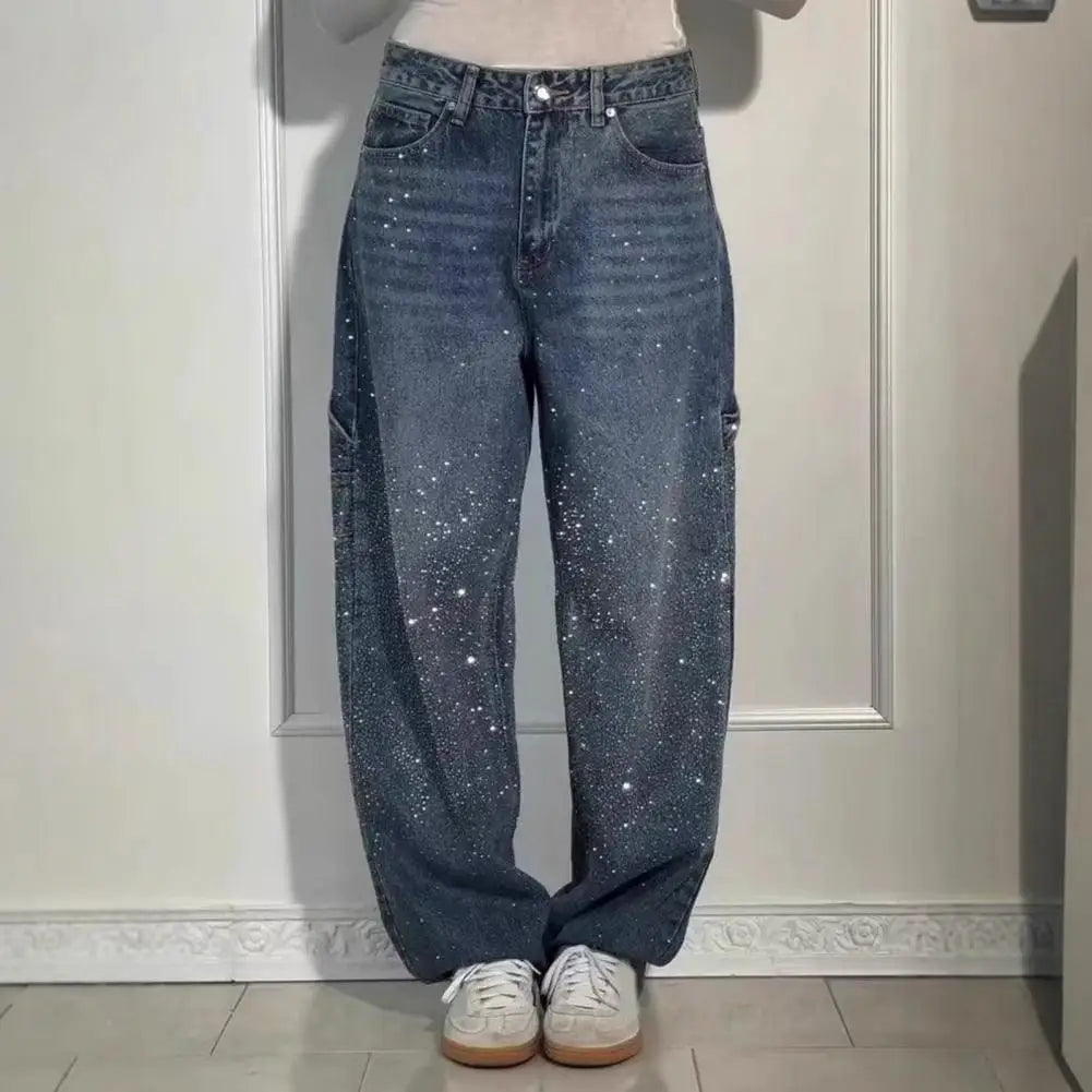 Women's Wide-Leg Jeans with Embellished Crystal Detail - 2