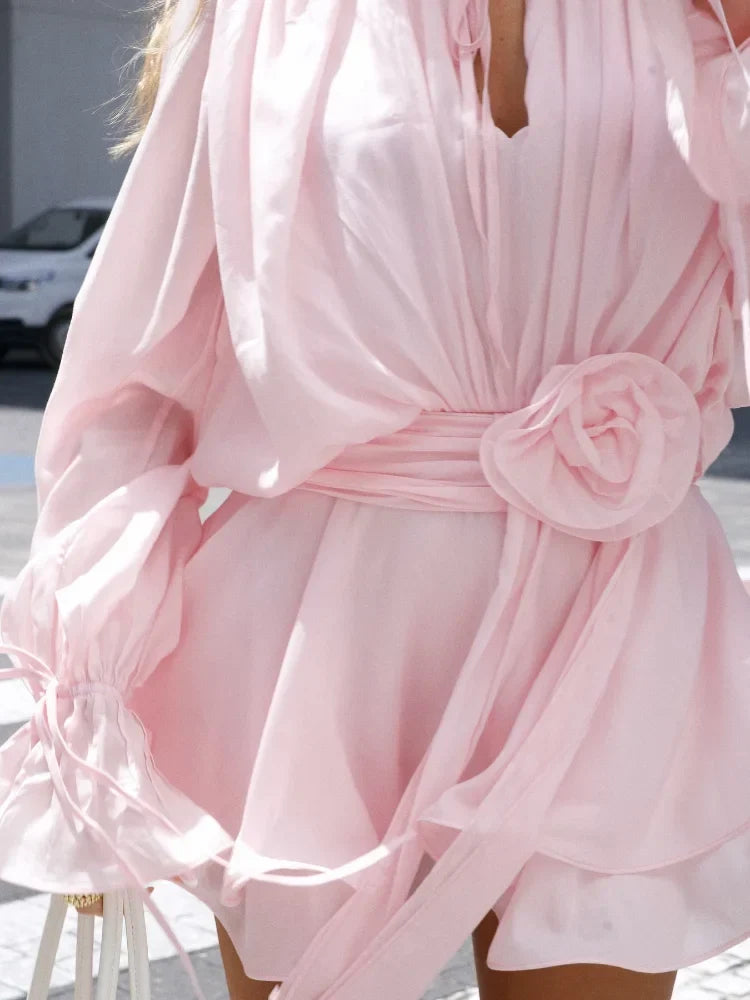 Women's Mini Dress Long Sleeve with Rose Waist Detail - 5