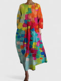 Women's Midi Dress Three-Quarter Sleeve with Round Neck and Floral Print - Flower 3