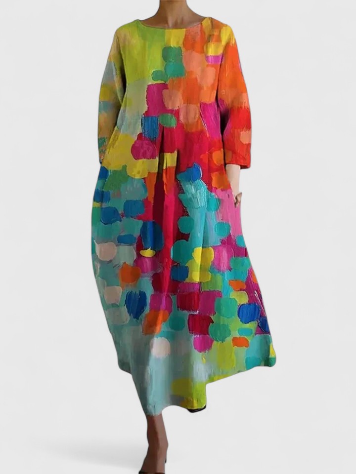 Women's Midi Dress Three-Quarter Sleeve with Round Neck and Floral Print - Flower 3