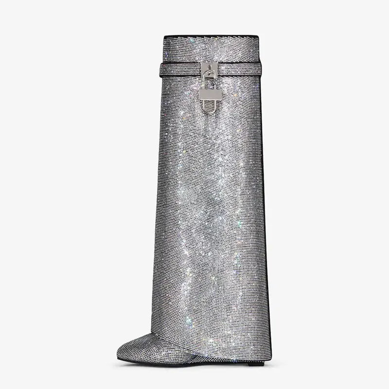 Women's Sparkly Wedge Boots with Crystal-Look Embellishment - Silver