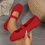 Women's Knitted Ballet Flats with Elastic Strap and Round Toe - Red