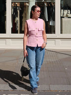 Women's Sleeveless Belted Blazer Vest with Round Neck and Front Buttons - 3