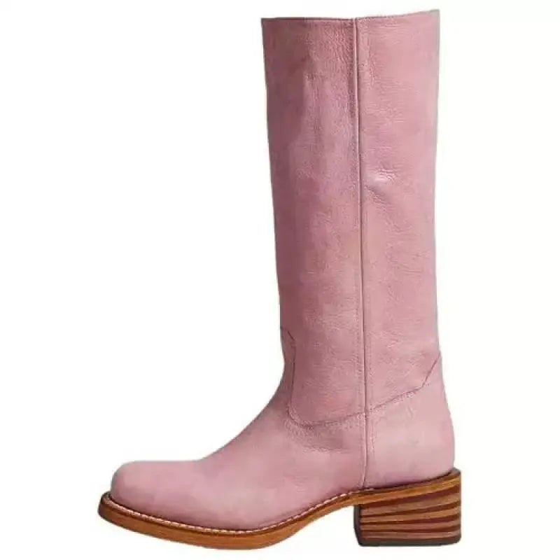 Women's Western Boots with High Shaft and Stacked Heel - Pink