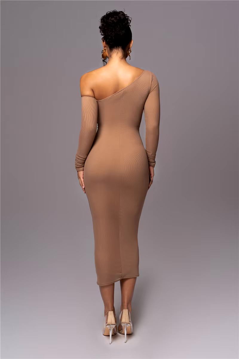 Women's Bodycon Midi Dress with One-Shoulder Ruched Design - 3